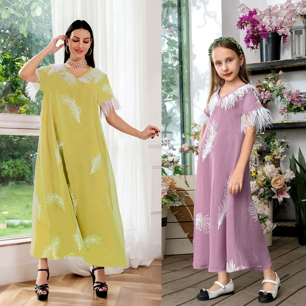 Robe Femme Musulmane Fashionable Ladies V-neck Short Sleeve Feather Embroidery Dress Middle East Gauze Abaya Vestidos Largos
