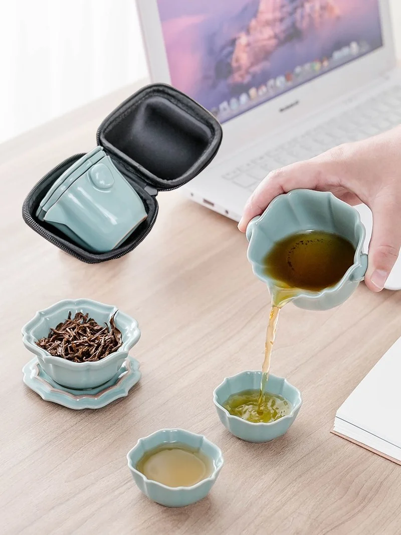 

Керамический чайник gaiwan с 2 чашками, портативный дорожный чайный набор с дорожным чехлом
