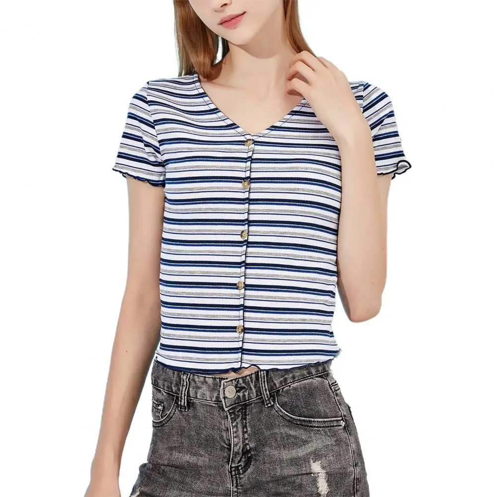 

Fashion Trendy Striped Print Buttons Tee Top Casual T-shirt Lightweight Short Sleeve