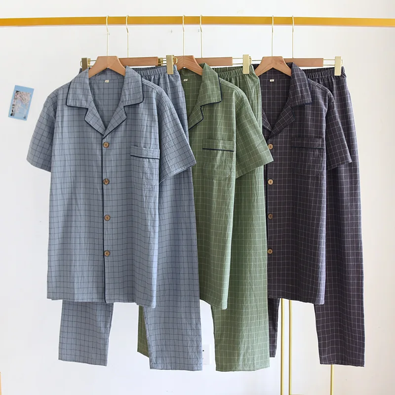 

Fdfklak Plaid Print Pajama Man 2022 Summer New Lapel Short-Sleeved Thin Pijamas Sleepwear Suit Loungewear Male Pyjamas