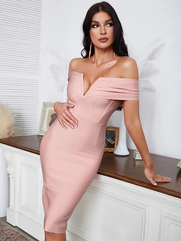 

Summer Elegant Off Shoulder Pink Midi Bandage Dresses for Women 2022 Sexy Slash Neck Ruched Bodycon Celebrity Club Party Dress
