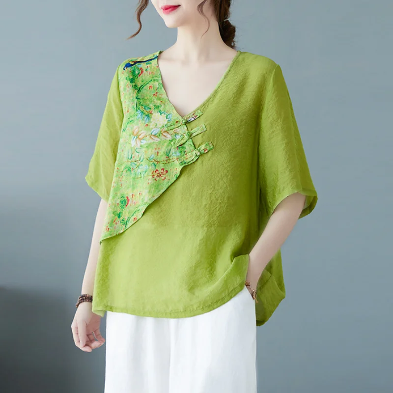 

Cotton Linen Vintage Patchwork Print Chinese Tops Ethnic Style Clothes Women Tang Suit Loose Irregular Thin Blouse Short Sleeve