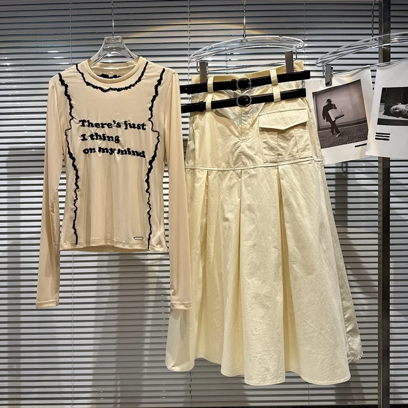 

BORVEMAYS, Новинка лета 2023, Сетчатая футболка с буквенной вышивкой + Свободная юбка до колена с высокой талией и поясом, женские комплекты из двух предметов, WZ1592