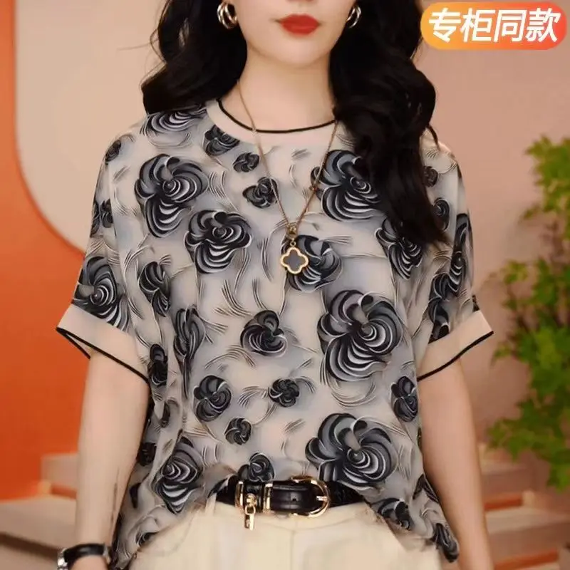 Женская шифоновая рубашка с коротким рукавом и круглым вырезом