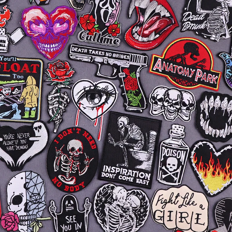 Заплатка с изображением скелета нашивки на одежду в стиле панк черепа полоску
