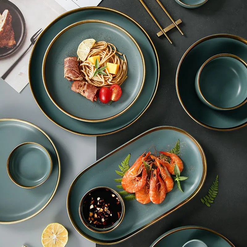 Ceramic Tableware Set with Gold Rim Dinner Dessert Dishes Plates and Bowls Set Grey Green Dinnerware Set Restaurant Hotel Home images - 6