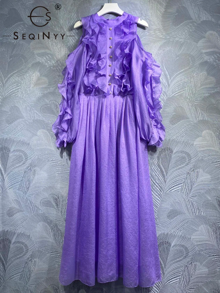 

Женское Повседневное платье-миди SEQINYY, модельное элегантное платье-трапеция с открытыми плечами и оборками, весна-лето