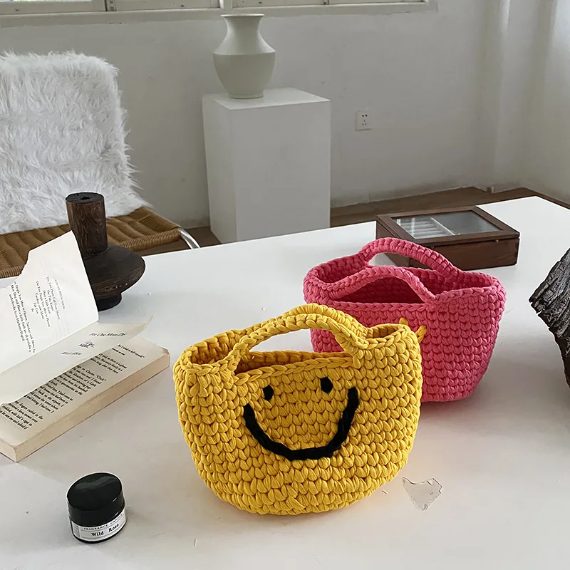 

Женская сумка с хлопковой нитью и смайликом, изысканная маленькая сумочка-мешок большой вместимости, милая конфетная сумка