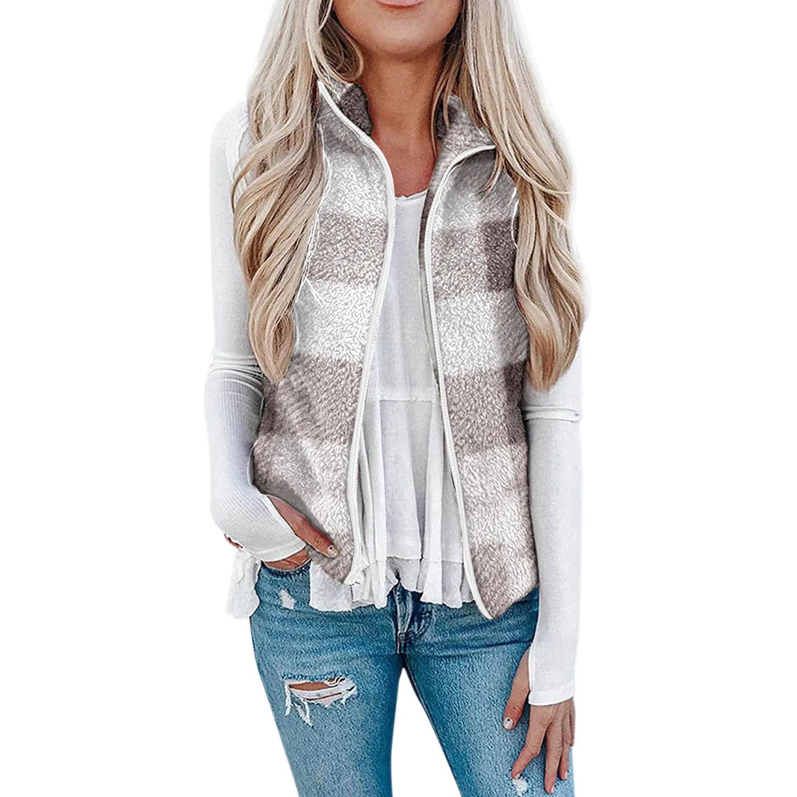 

Women Fashion Pocket Zipper Print Color Jacket h Sleeveless Lapel Vest Loose Coat