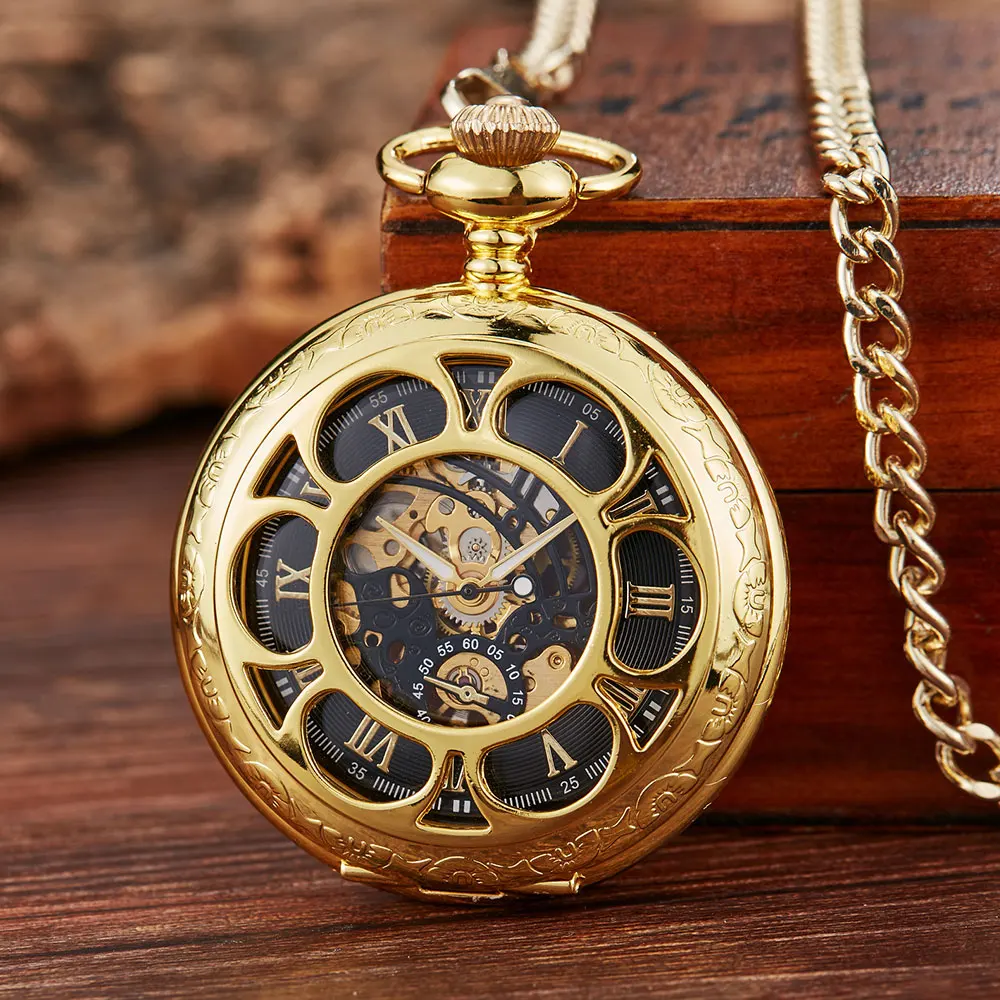 Vintage Silver Mechanical Hand Wind Pocket Watches Blue Roman Numeral Dial Mechanical Flip Watch Men Clock With Fob Chain