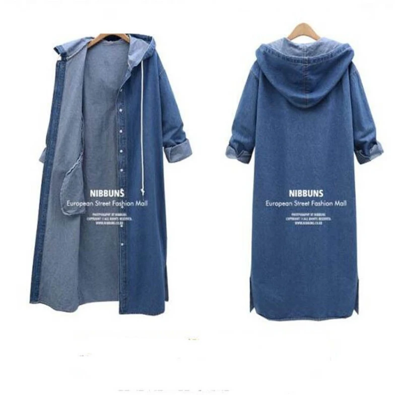 Женский джинсовый тренчкот с капюшоном однотонная однобортная мягкая Свободная