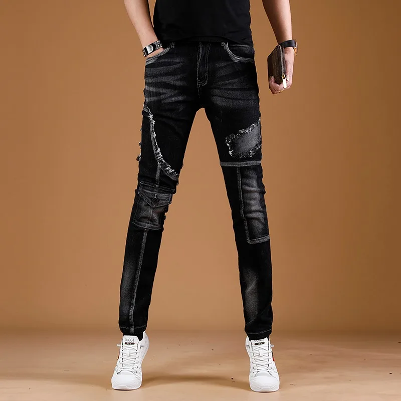 Black Jeans Men 2023 New Fashion Biker Slim Fit Pencil Pants Streetwear Casual Cotton Patchwork Pocket Patch Denim Trousers