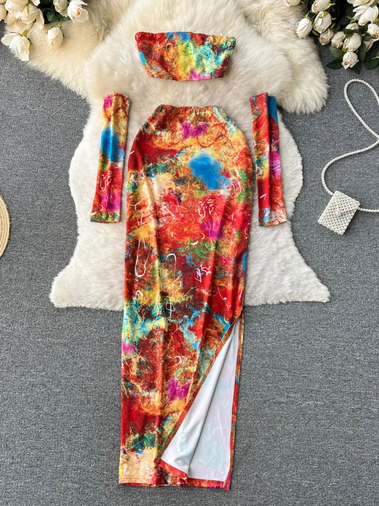 

Сексуальный женский комплект одежды Foamlina, модная уличная одежда, Топ без бретелек с цветочным принтом и разрезом с высокой эластичной талие...