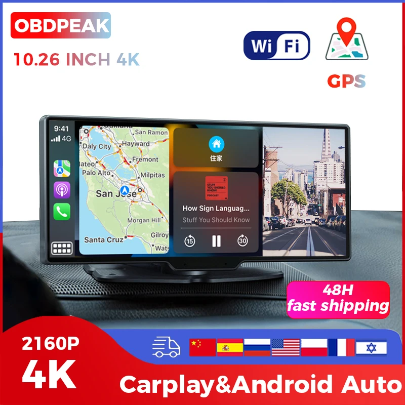 

10.26" 4K Car DVR GPS WiFi AUX Video Recorder Carplay&Android Auto Center Console Mirror 2160P FHD Rear Lens Video Dash Cam