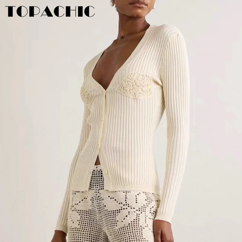 11.4 TOPACHIC-Женский белый элегантный сексуальный вязаный крючком ажурный кардиган с