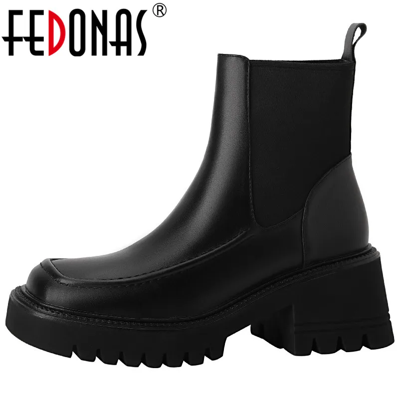 

FEDONAS Leisure Autumn Winter Women Ankle Boots Platforms Splicing Genuine Leather Thick Heels Office Ladies Shoes Woman Newest