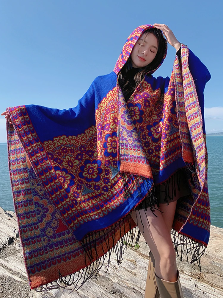 Фото GypsyLady Boho Цветочные вязаные плащи, накидки, толстовки, винтажные, толстые, теплые, Женская Бриллиантовая накидка, пончо, верхняя одежда №2