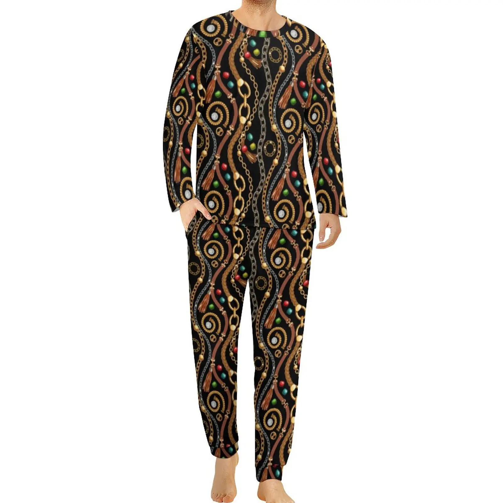 Gold Silver Chain Print Pajamas Mens Color Bead Elegant Nightwear Spring Long Sleeve Casual Graphic Pajama Sets Big Size 5XL