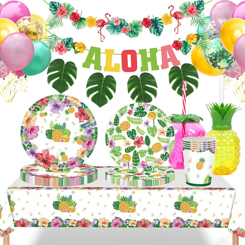

Tropical Hawaii Party Decoration Pineapple Palm Leaves Pattern Plate Cup Flamingo Aloha Banner Summer Luau Birthday Party Decor