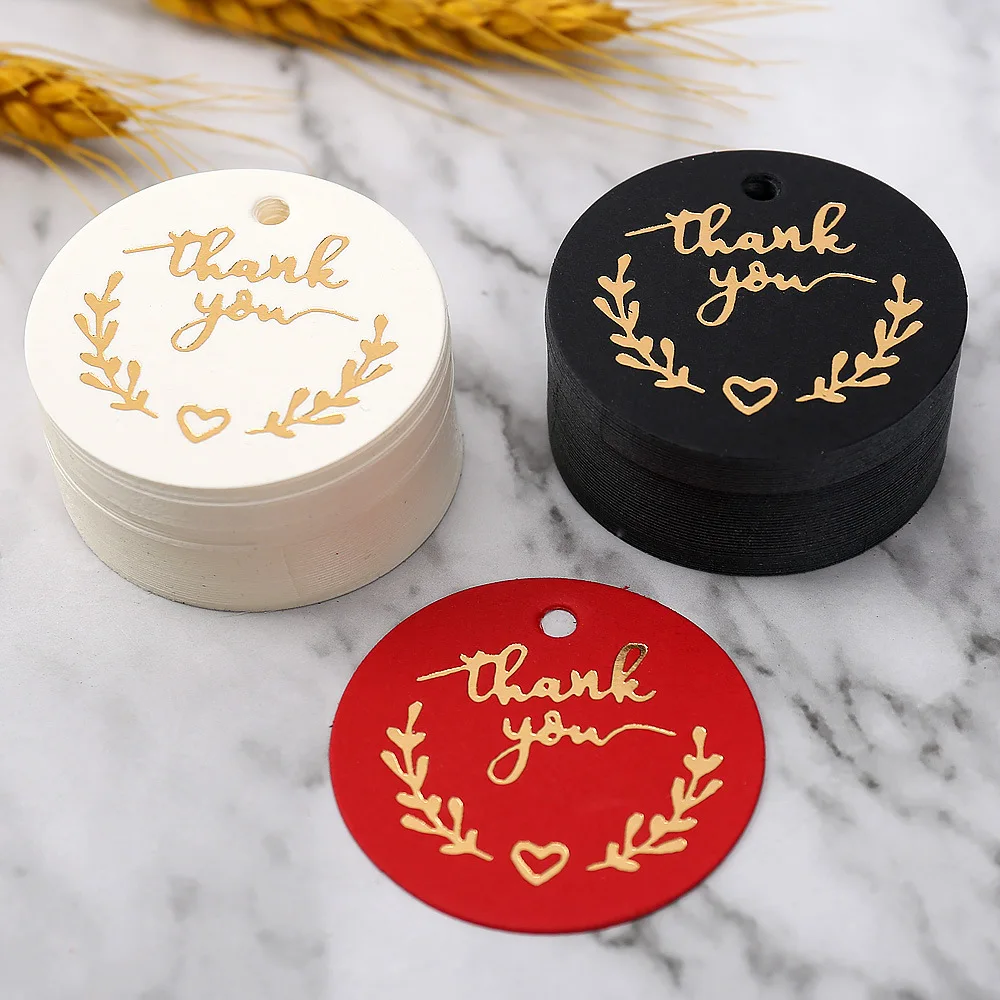 

Bronzing Thank You Tags Round White Black Red Paper Cards Gift Hang Tag Wedding Birthday Party Package Decoration Labels 100pcs