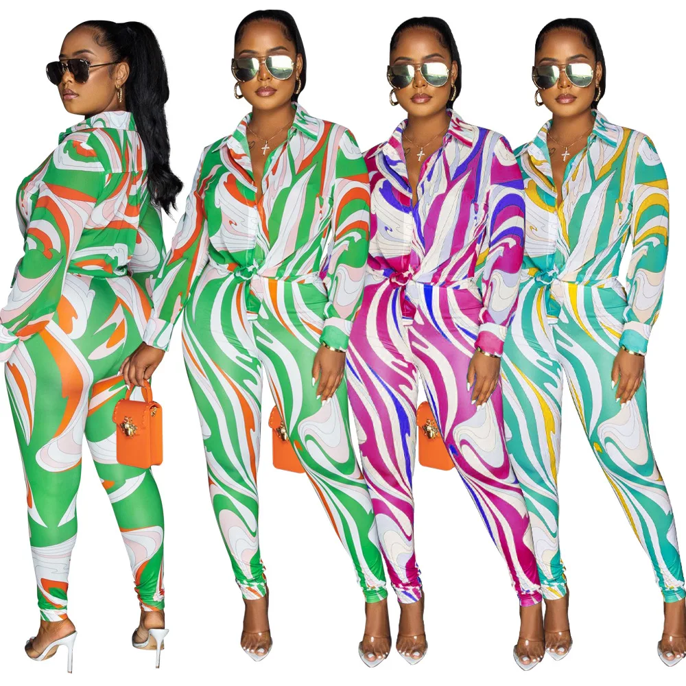 

Women's Nightclub 2 Piece Sets Womens Outfits 2022 Fashion Spring Autumn Colorblock Blouses Print Slim Fit Set Woman 2 Pieces