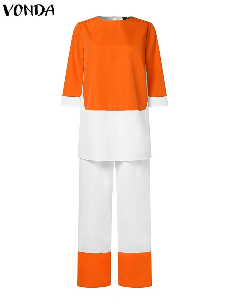 Женский брючный костюм размера плюс VONDA 2024 пикантный лоскутный Топ без рукавов +