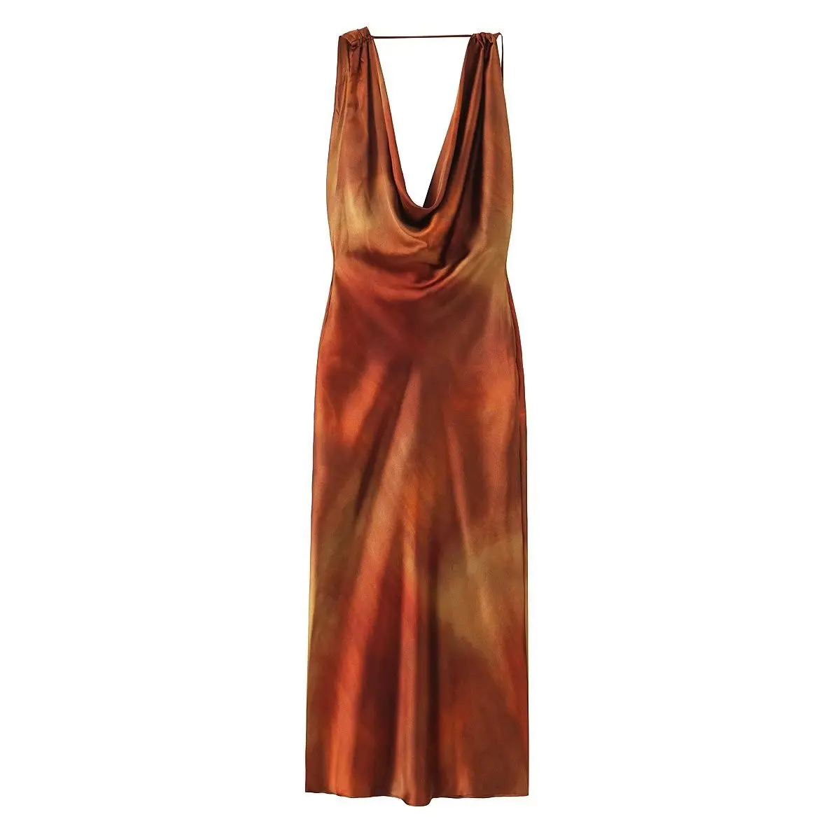 

New Summer Evening Party Elegant Luxury Dropped Neck Backless Dress Women Silk Satin Texture Tie Dye Print Mid Length Lady Dress