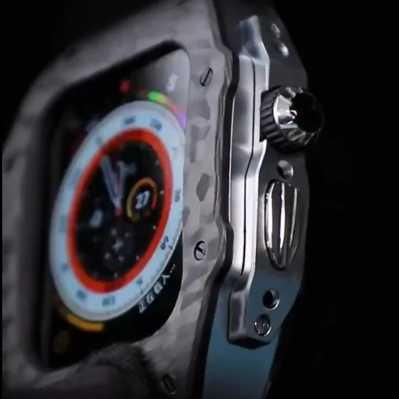 Modification Kit Carbon Fiber Case for Apple Watch Ultra 8 7 6 SE 5 4 Metal Mod Kit for IWatch 49MM 45MM 44MM Fluororubber Strap