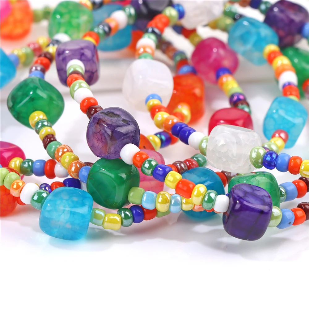 

Natural Square Agates Stone Bracelet 3mm Colorful Small Rice Beads Bracelets Beach Party Boho Jewelry for Men Women Friendship