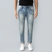 Jeans Pria Desainer Fashion Celana Panjang Pria Jeans Sobek Kualitas Tinggi Biru Muda Retro Celana Denim Kasual Vintage Tepi