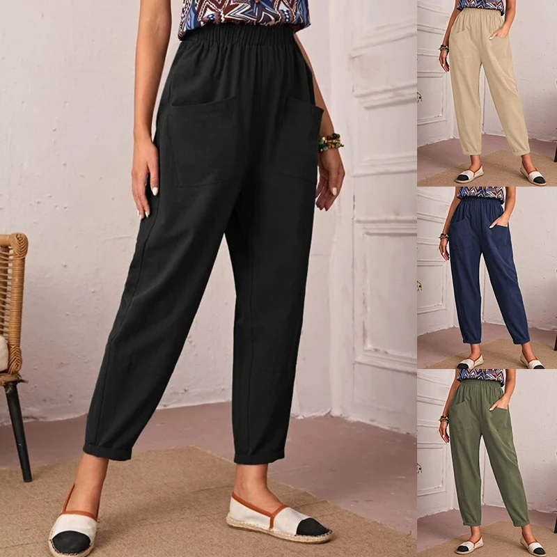 Cotton Linen Pants Women New Fashion Loose High Waist Elastic Harem Pants Thin Anti-cotton Solid Wide Leg Trousers Pocket Cloth