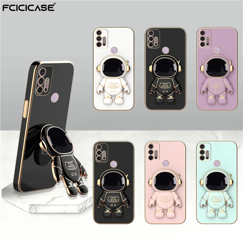 

3D Astronaut Plating Stand Holder Case For Moto G30 G20 G10 G50 G60 E20 E7 Plus G8 G9 Play Power Lite Soft Bracket Phone Cover