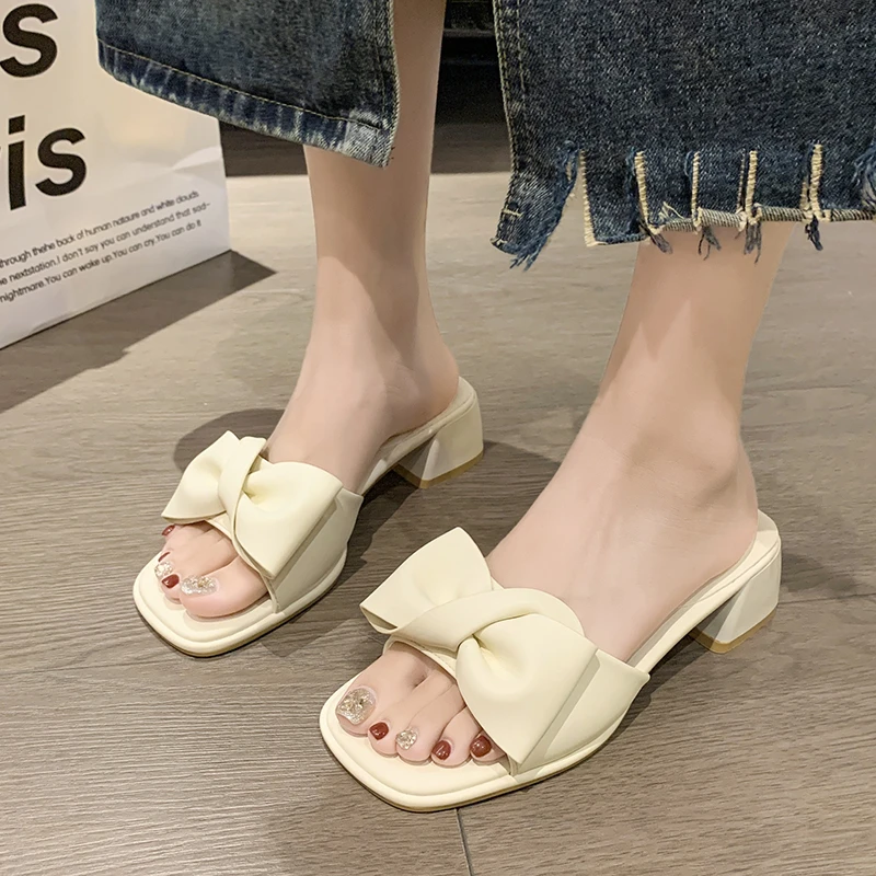 

2023 Summer Fashion Women's Shoes Slingbacks Women's Slippers Summer Square Heel Heeled Sandals Butterfly-knot Shoes Ladies