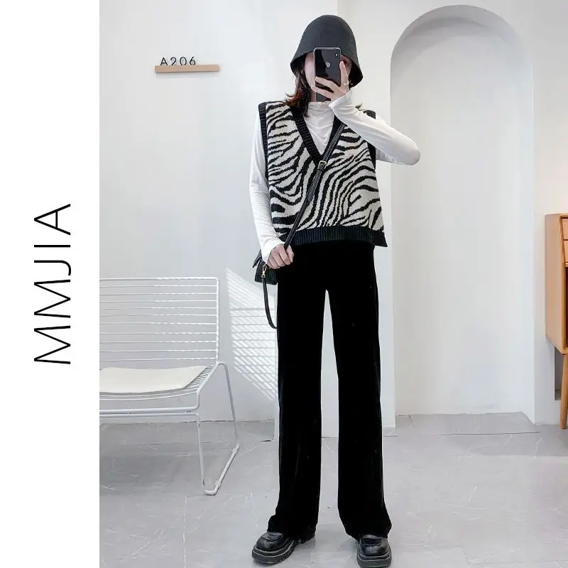 

Black RU Korean Spring Fall Zebra stripes V-neck Knit Sleeveless Sweater Vest Loose Coat Outcoat Lady Top Cloth for Women girl