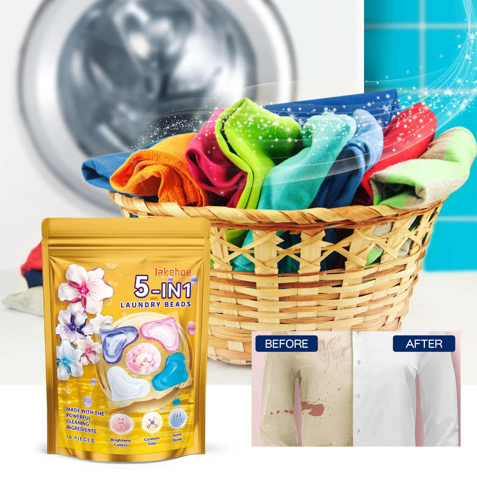 Jakehoe 10 шт. пакетик для стирки геля 5 в 1 очистки пятен стойкого аромата и гладких
