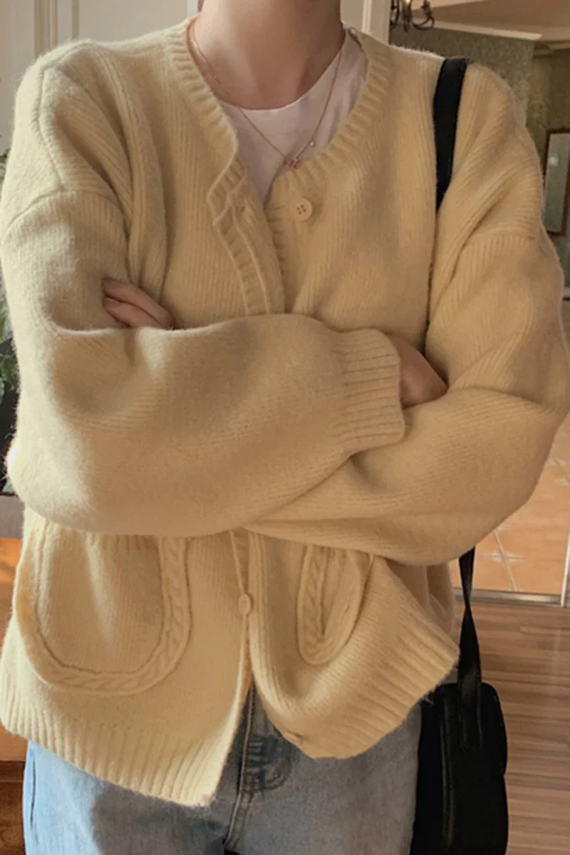 Корейские модные однобортные свободные повседневные вязаные кардиганы с