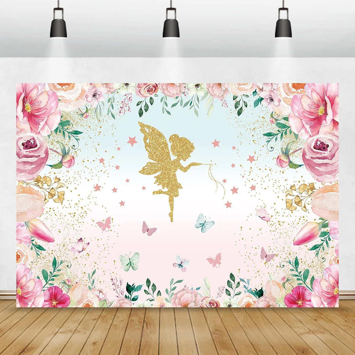 

Фон для фотосъемки с изображением золотых цветов Феи румян розовых и фиолетовых цветов в горошек принцессы