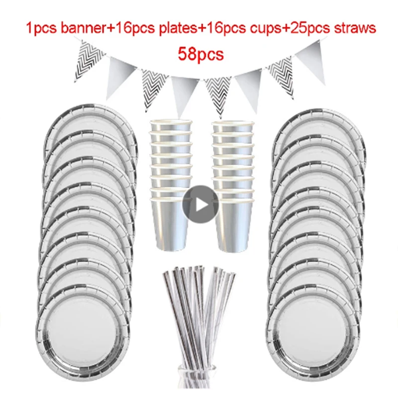 

Silver Disposable Dishes Birthday Party Decoration Paper Plates Cups Girl Wedding Baby Shower Happy Birthday Decoration Supplies