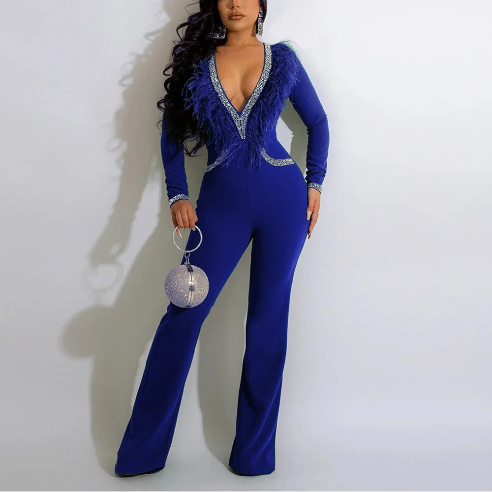 Autumn Winter New Jumpsuits & Rompers for Women V Neck Full Sleeve High Waistd Diamond Elegant Evening Party Birthday Overalls