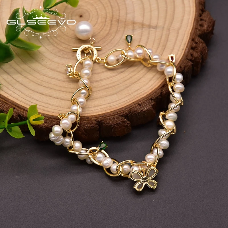 

GLSEEVO Original Natural Freshwater White Pearl Bracelet Women's Wedding Handmade Pendant Bracelet High-end Jewelry GB0954