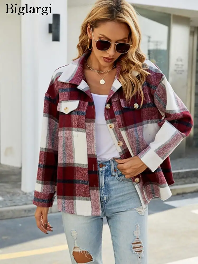 

Autumn Winter Striped Plaid Print Shirt Coat Women Casual Fashion Ladies Cropped Jackets Long Sleeve Woman Jackets Coats 2023