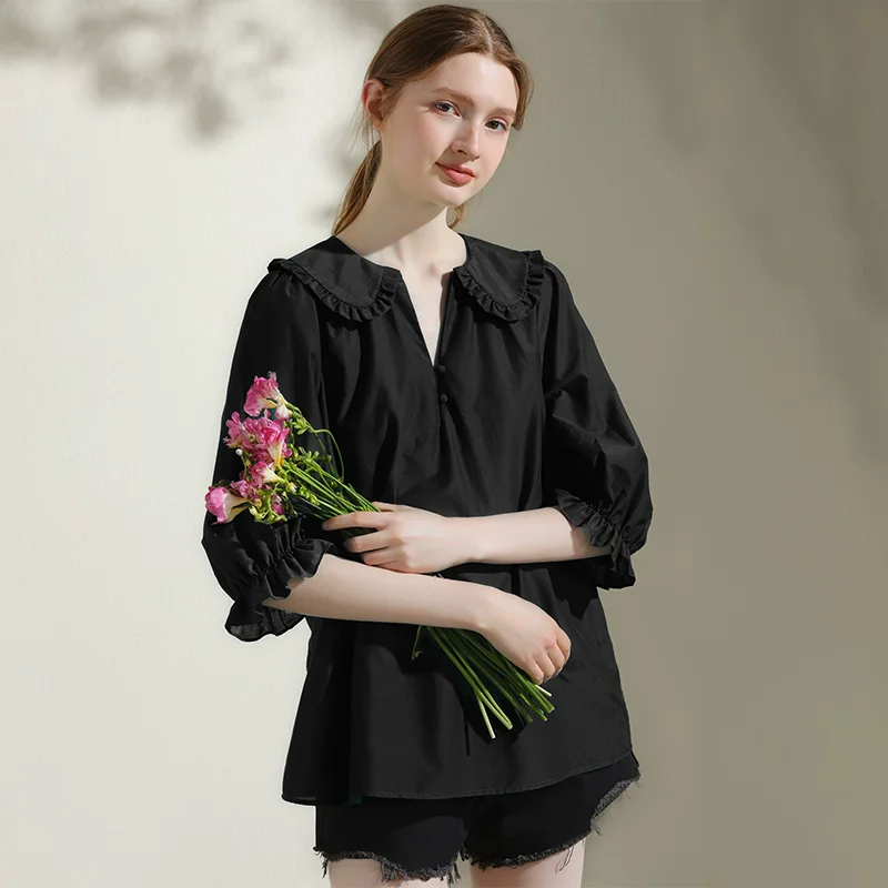 BirdTree элегантная рубашка из натурального шелка 30% женская с воротником Питер Пэн