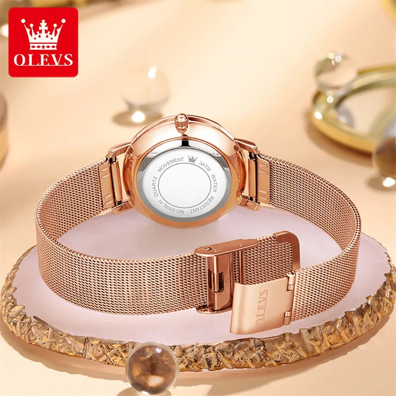 OLEVS 2023 Fashion Simple Women Quartz Watches Luxury Diamond Waterproof Rose Gold Mesh Strap Calendar Display Watch For Women