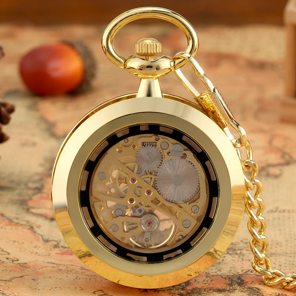 Roman Numerals Display Open Face Manual Mechanical Pocket Watch Gold Fob Chain Men Transparent Hollow Hand-Winding Pocket Clock
