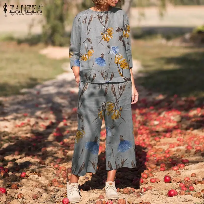 

Женские повседневные комплекты с принтом ZANZEA 2022 кафтан блузка с рукавом 3/4 и брюки женские топы с цветочным принтом брюки с эластичным поясо...