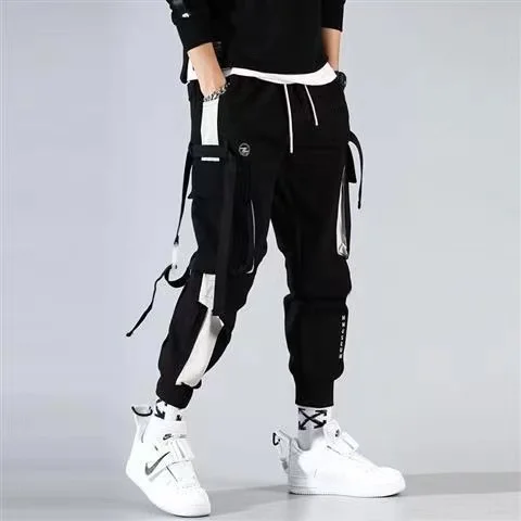Hip Hop Joggers Men Letter Ribbons Cargo Pants Pockets Track Tactical Casual Techwear Male Trousers Sweatpants Sport Streetwear |