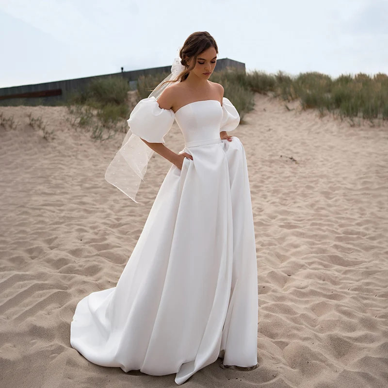 

Elegant Strapless Wedding Dresses With Detachable Sleeves Sexy Side Slit Sweep Train Bridal Gowns Women Robe de Mariage
