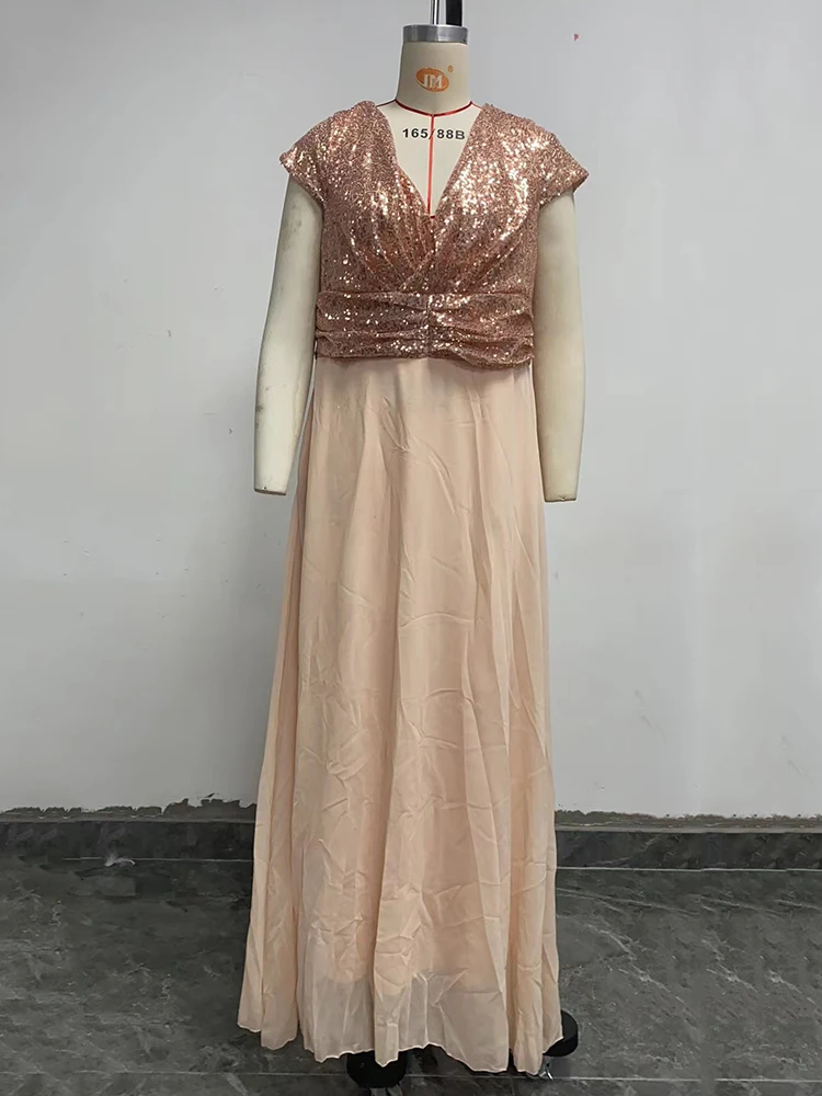 2023 New Summer New Adult Dress Party Dress V-neck Sequin Chiffon Splice Sequin Evening Dress Long Dress