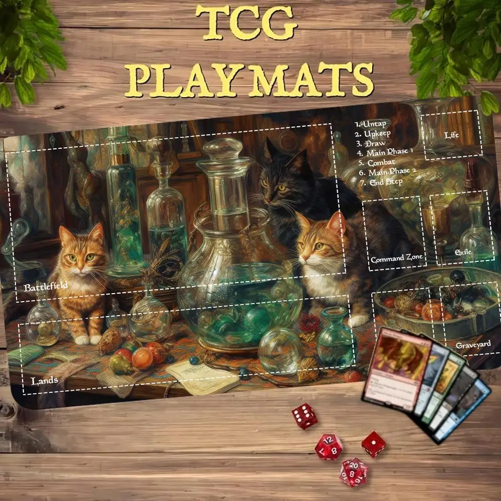 Фото Игровой коврик Apothecary Cats MTG с зонами для Commander, 600x350, нескользящий, резиновый, для TCG Magic: The Gathering №1