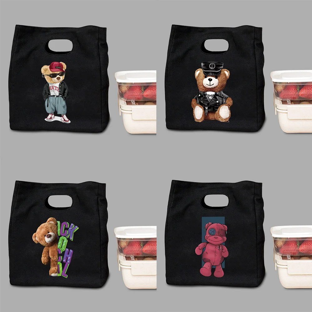 

Women's Lunch Bag Food Cooler Storage Handbag Picnic Diner Container Thermal Bento Black Pouch Lunchbox Bear Series Tote Bags